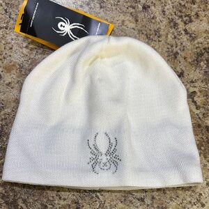 NWT Spyder White Kids Beanie Hat with rhinestone spider on front
